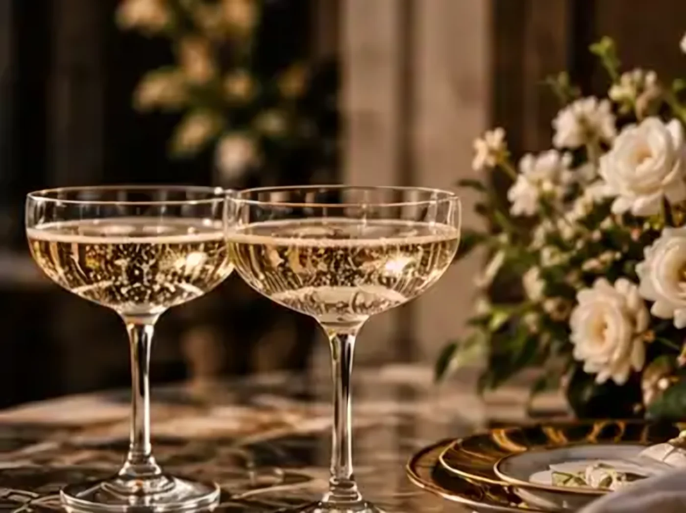 Two coupes of champagne beside white roses