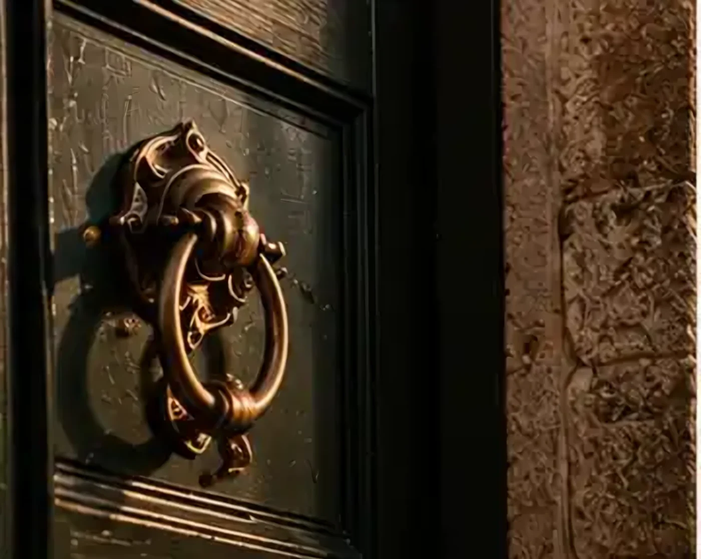 A brass knocker on a deep green door
