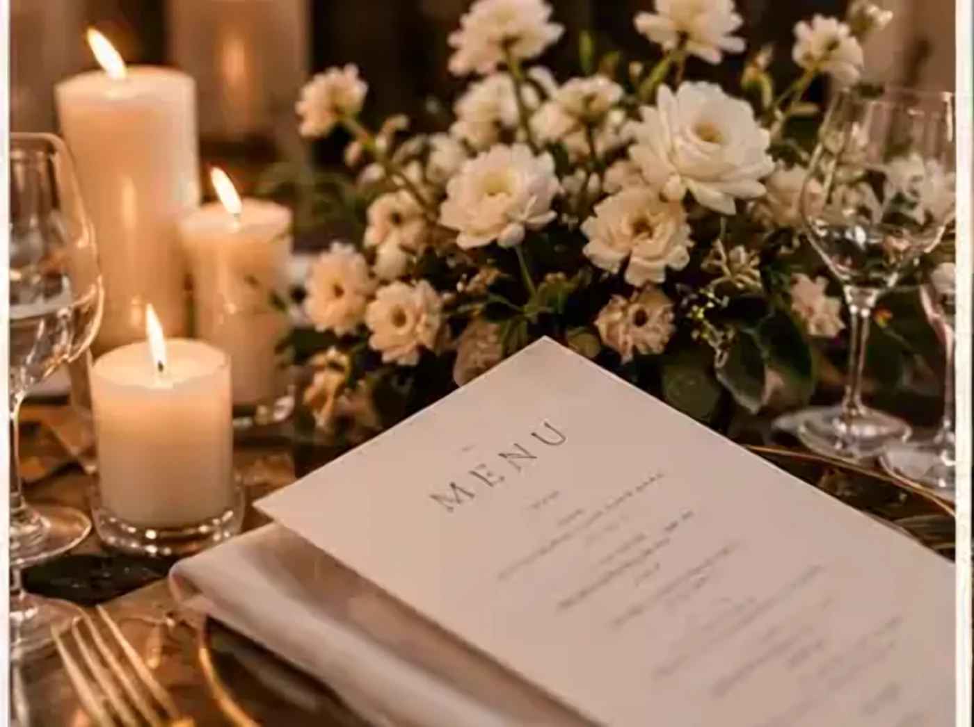 A menu card on a candlelit table with white roses
