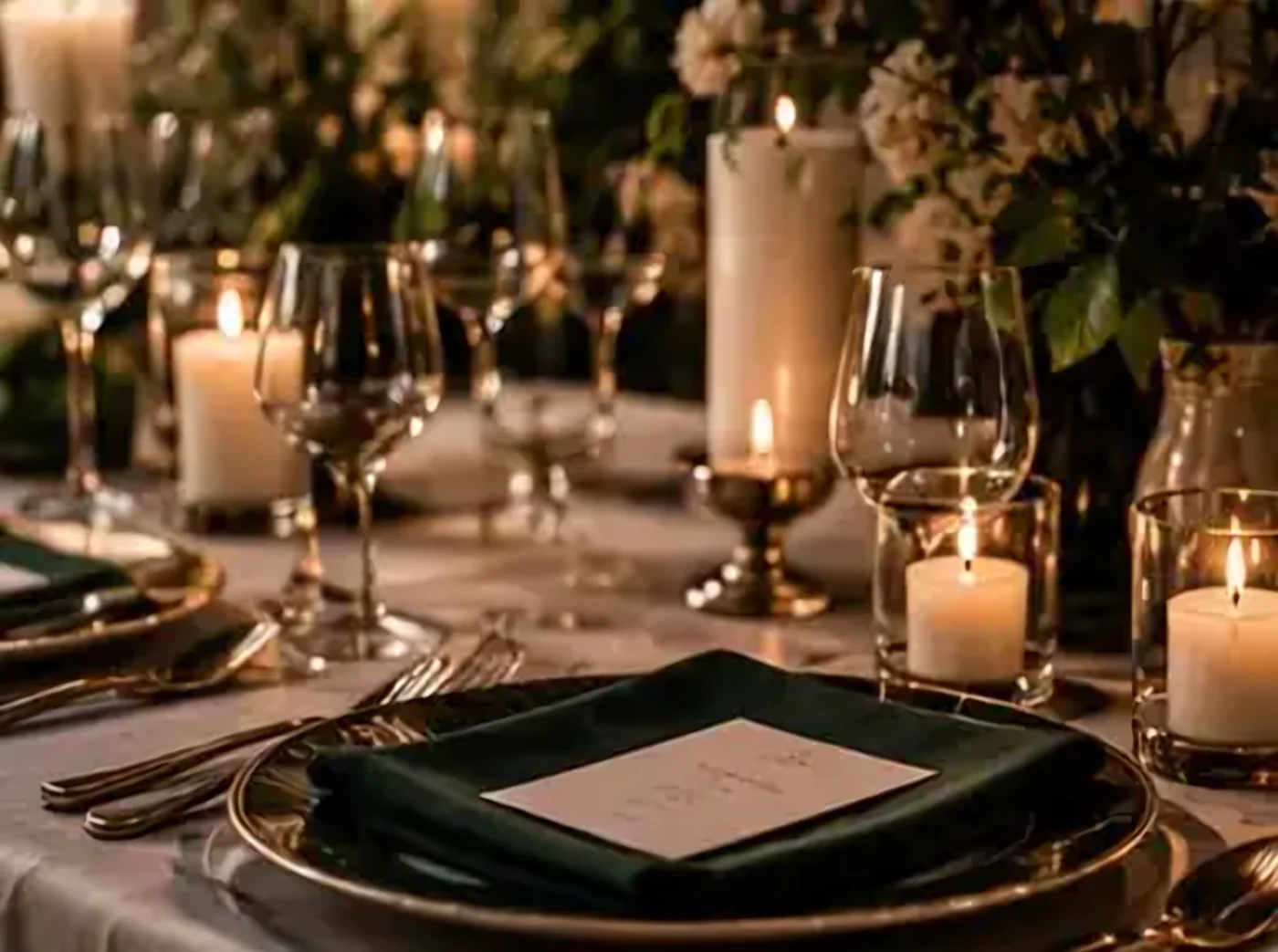 A candlelit table with an evergreen napkin and a place card